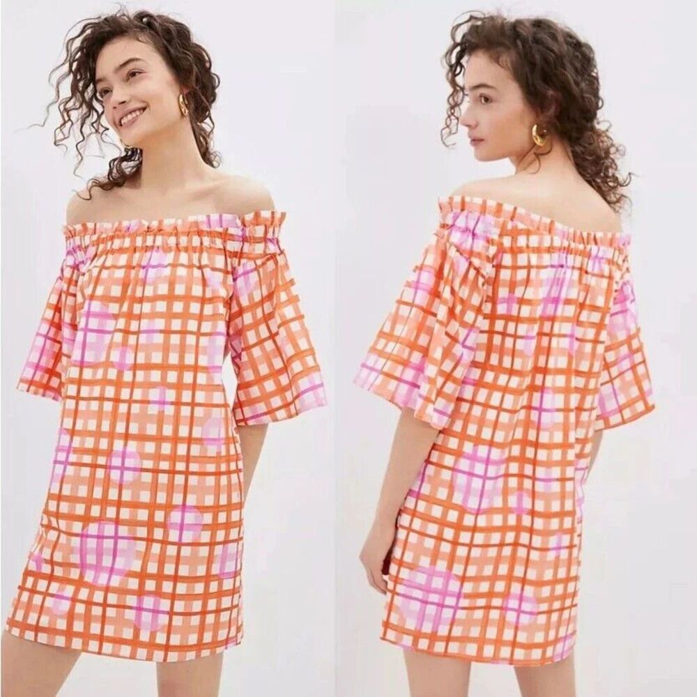 NWT Corey Lynn Calter MARY OFF THE SHOULDER RUFFLE DRESS Plaid print Petite S